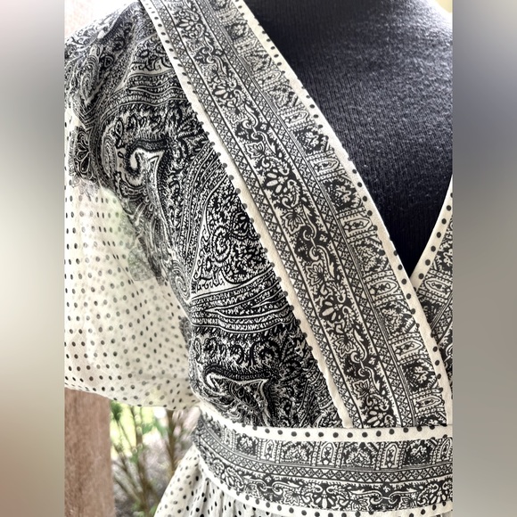 Vintage Adrianna Papell Silk Sheer Ivory & Black Polka Dot Flutter Sleeve Dress - Picture 5 of 12